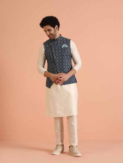 Blue Cotton Printed Nehru Jacket Bundi