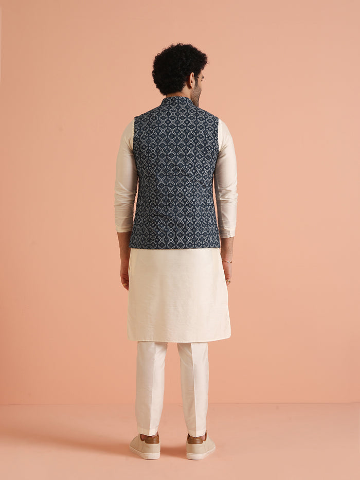 Blue Cotton Printed Nehru Jacket Bundi