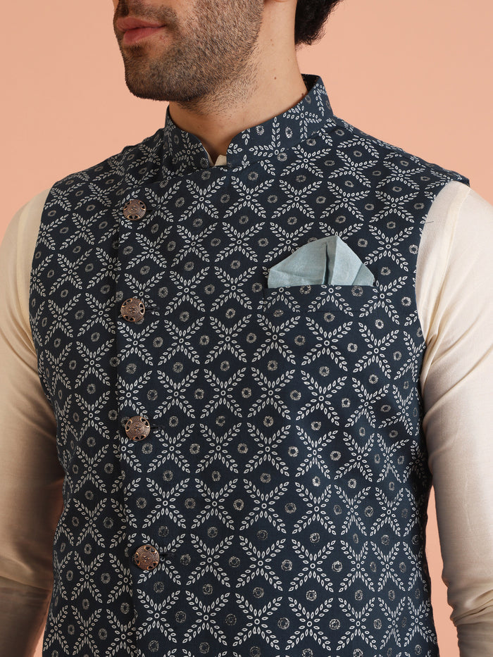 Blue Cotton Printed Nehru Jacket Bundi