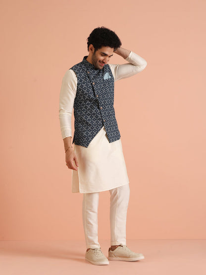 Blue Cotton Printed Nehru Jacket Bundi