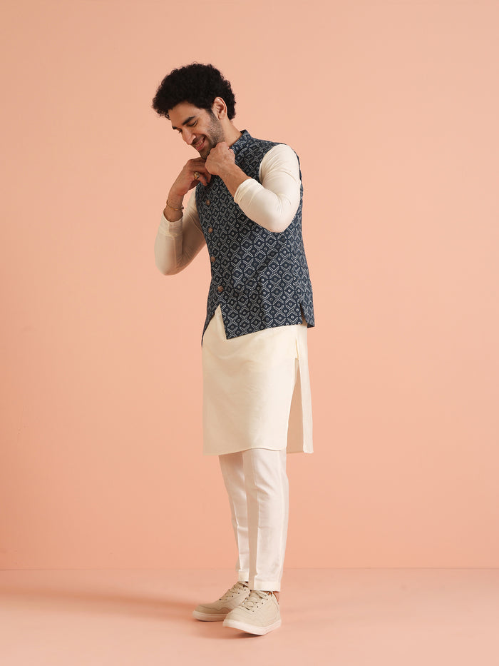 Blue Cotton Printed Nehru Jacket Bundi