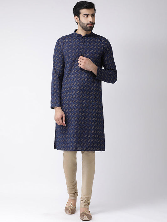 Blue Cotton Silk Printed Kurta with Beige Churidar