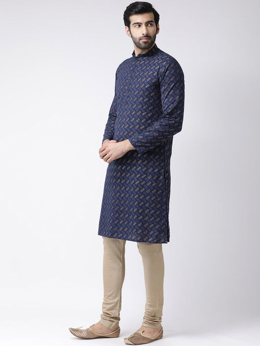 Blue Cotton Silk Printed Kurta with Beige Churidar
