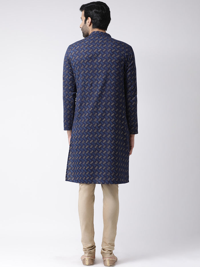 Blue Cotton Silk Printed Kurta with Beige Churidar