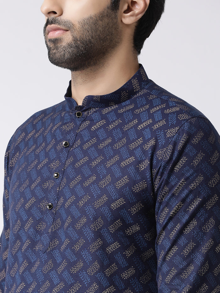 Blue Cotton Silk Printed Kurta with Beige Churidar