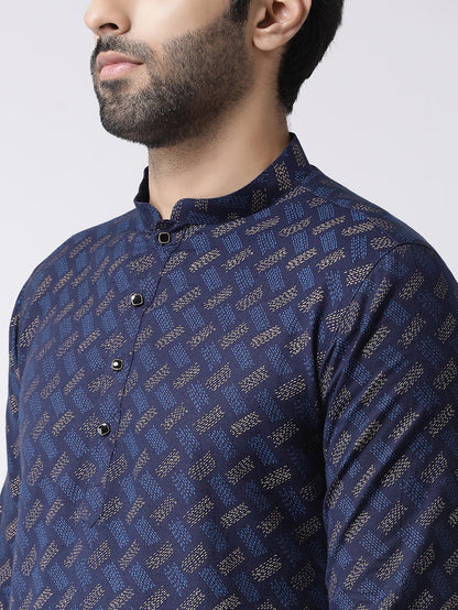 Blue Cotton Silk Printed Kurta with Beige Churidar
