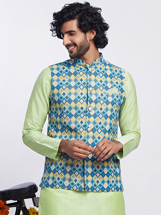 Blue Silk Blend Jacquard Nehru Jacket with Diamond Motifs