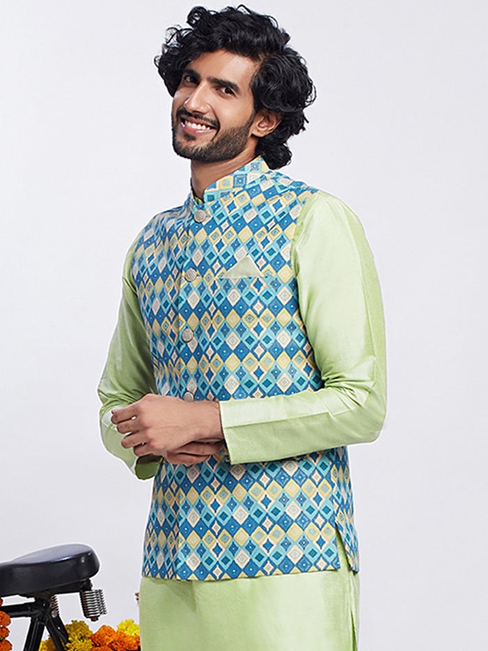 Blue Silk Blend Jacquard Nehru Jacket with Diamond Motifs