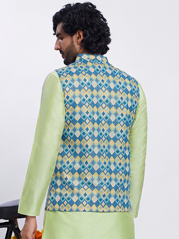 Blue Silk Blend Jacquard Nehru Jacket with Diamond Motifs