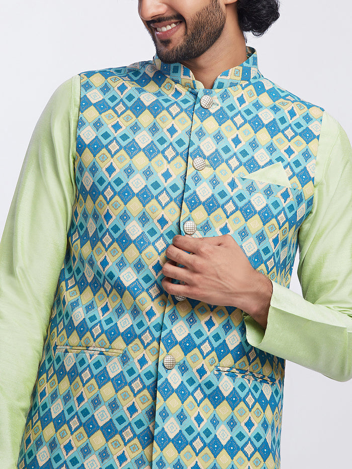 Blue Silk Blend Jacquard Nehru Jacket with Diamond Motifs