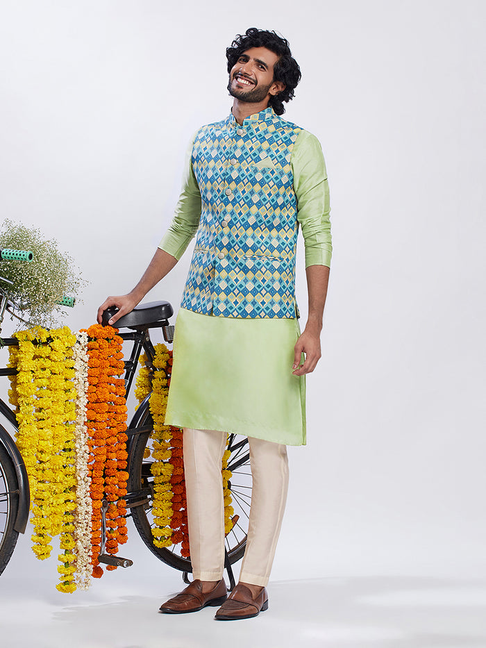 Blue Silk Blend Jacquard Nehru Jacket with Diamond Motifs
