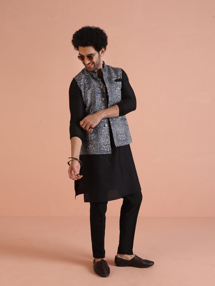 Blue Silk Blend Paisley Nehru Jacket