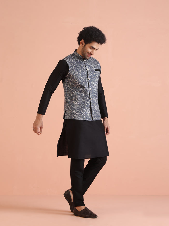 Blue Silk Blend Paisley Nehru Jacket