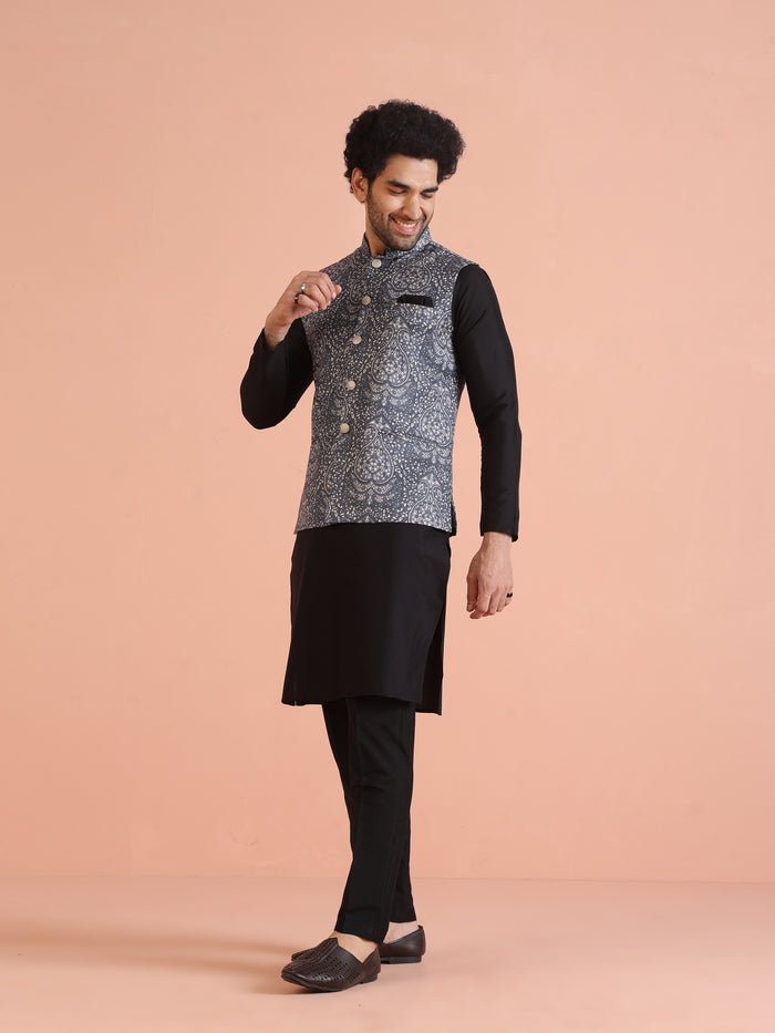 Blue Silk Blend Paisley Nehru Jacket