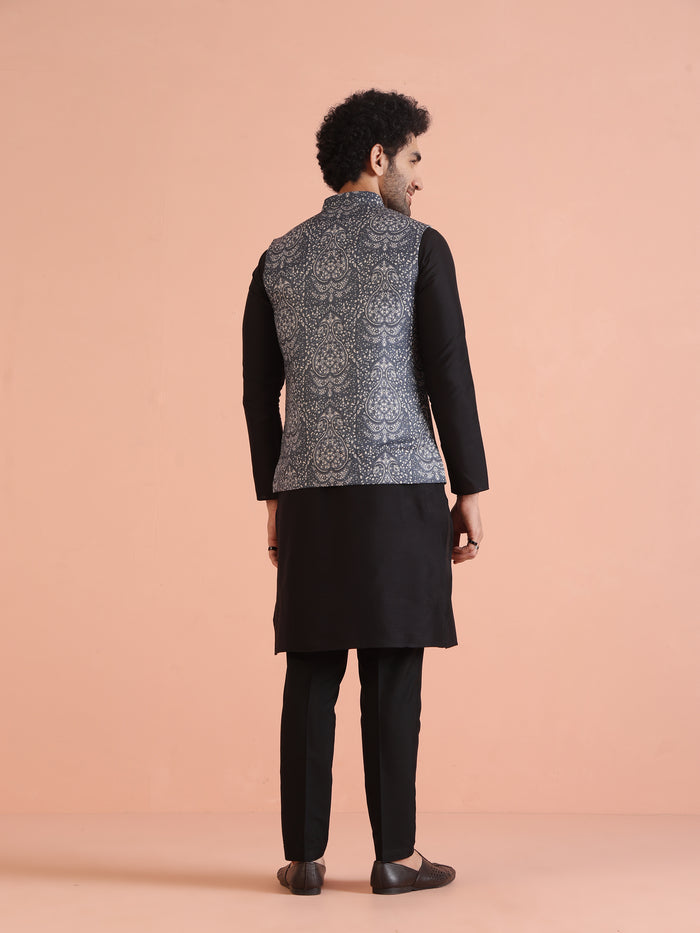 Blue Silk Blend Paisley Nehru Jacket