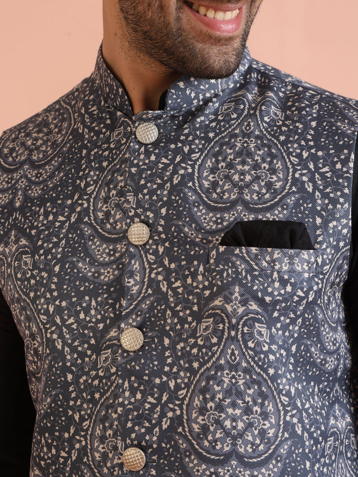 Blue Silk Blend Paisley Nehru Jacket