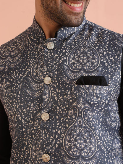 Blue Silk Blend Paisley Nehru Jacket