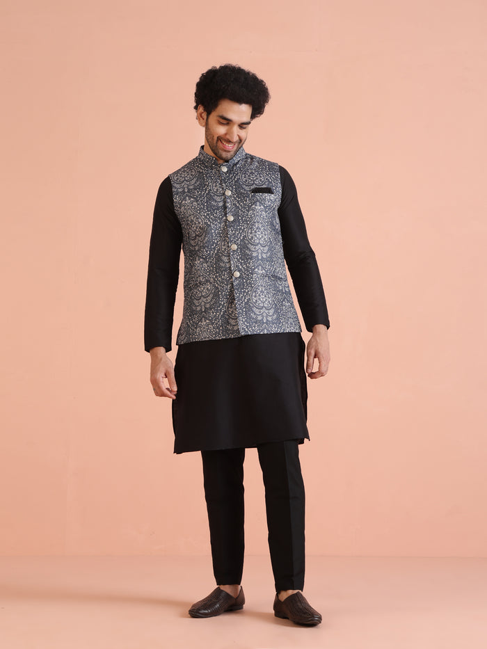 Blue Silk Blend Paisley Nehru Jacket