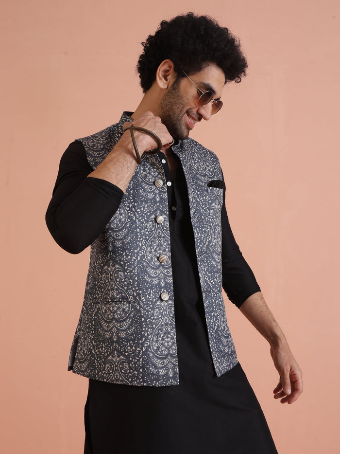 Blue Silk Blend Paisley Nehru Jacket