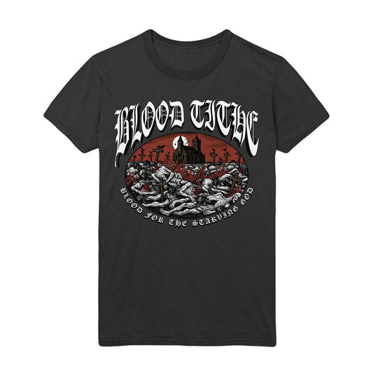 Blood Tithe black bodysuit with gothic Blood Tithe text, a cemetery scene—church, crosses, red sky over skeletons—and “Blood for the Starving God” printed below.
