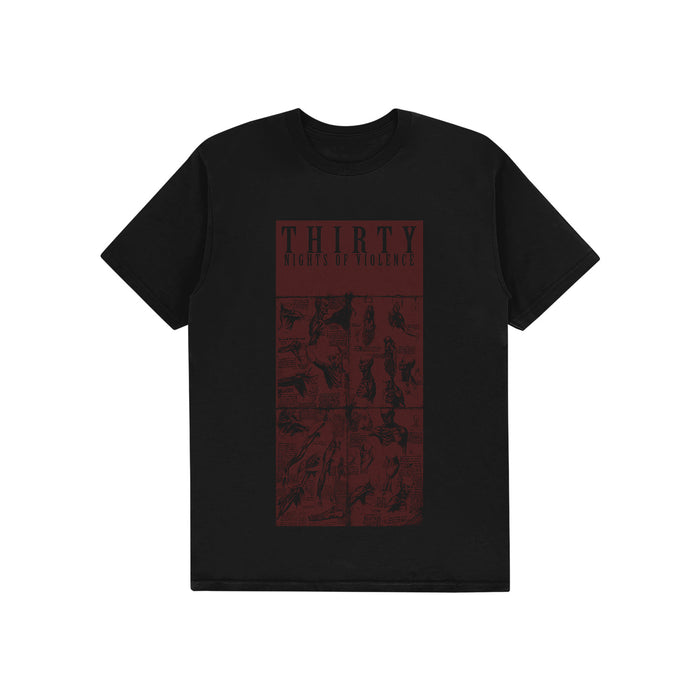 Black t-shirt by Thirty Nights of Violence made from soft ring-spun cotton, featuring a dark red graphic with various illustrations and THIRTY NIGHTS OF VIOLENCE text on the front. Ideal for Comfort Colors T-Shirt fans.
