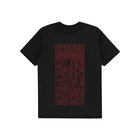 Black t-shirt by Thirty Nights of Violence made from soft ring-spun cotton, featuring a dark red graphic with various illustrations and THIRTY NIGHTS OF VIOLENCE text on the front. Ideal for Comfort Colors T-Shirt fans.