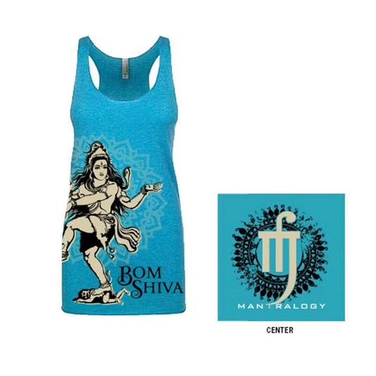 A turquoise Mantralogy tank top with an illustrated Shiva dancing and “BOM SHIVA” text, next to a square blue Mantralogy logo with a stylized white design and decorative patterns.