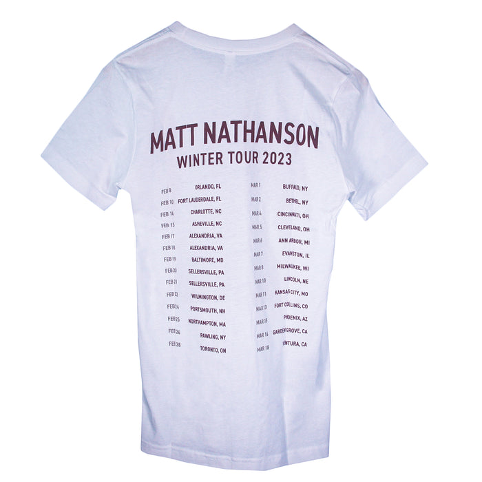 Matt Nathanson white Bella + Canvas T-Shirt featuring Winter Tour 2023 in large text on the back, plus tour dates and cities in two columns. A must-have for fans who love stylish branded tees.