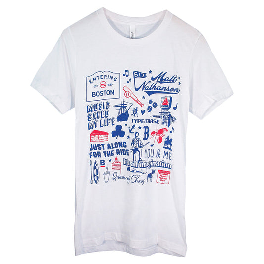 White printed T-shirt by Matt Nathanson featuring blue and red graphic text, Boston illustrations, music notes, oars, a coffee cup, and phrases like Music Saved My Life and Just Along for the Ride.