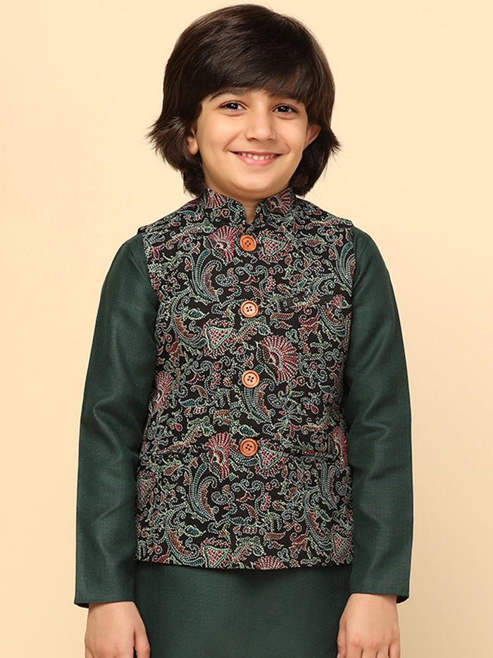 Boy's Black Printed Nehru Jacket