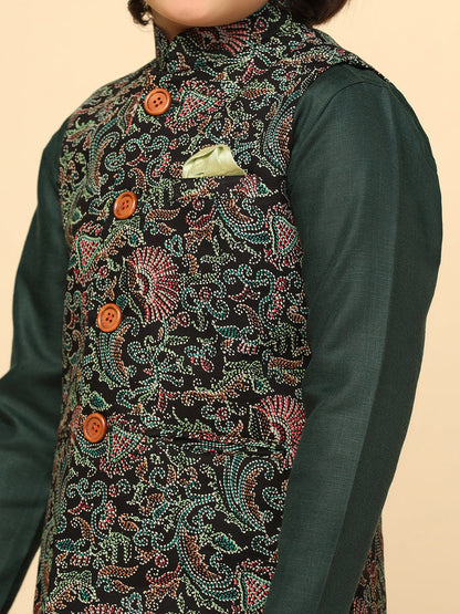 Boy's Black Printed Nehru Jacket