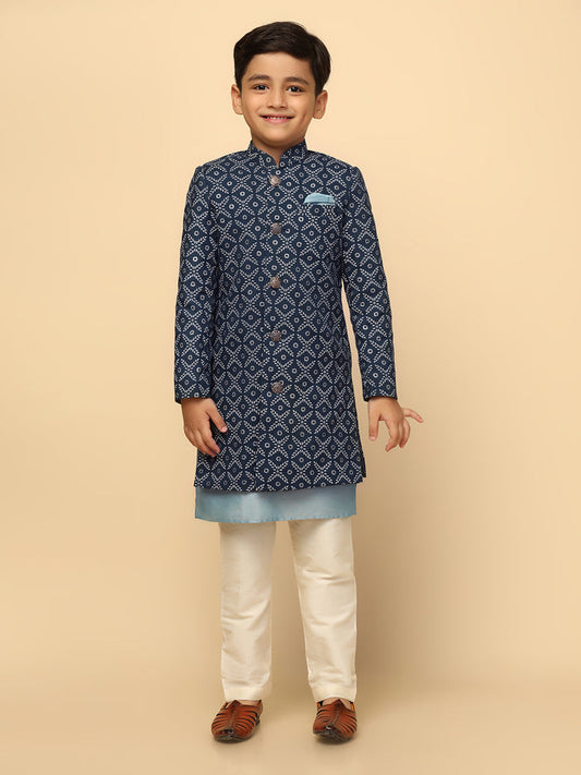 Boy's Blue Indowestern Set With Kurta and Churidar