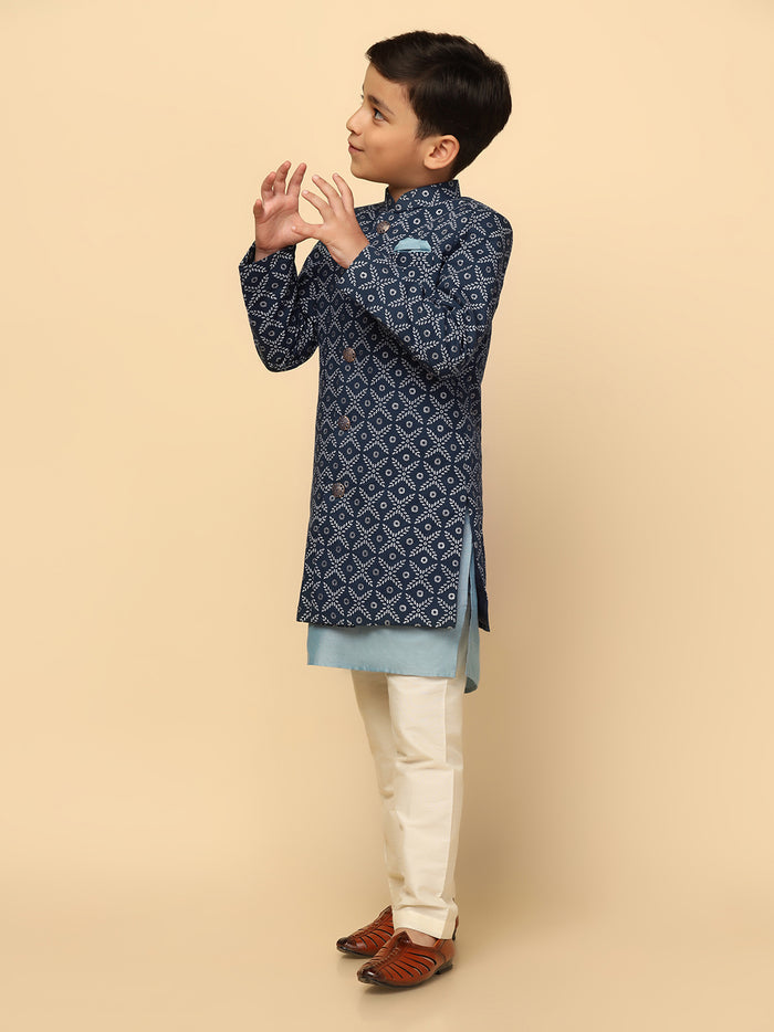 Boy's Blue Indowestern Set With Kurta and Churidar