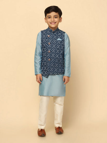 Boys Blue Kurta Jacket Pyjama Sets