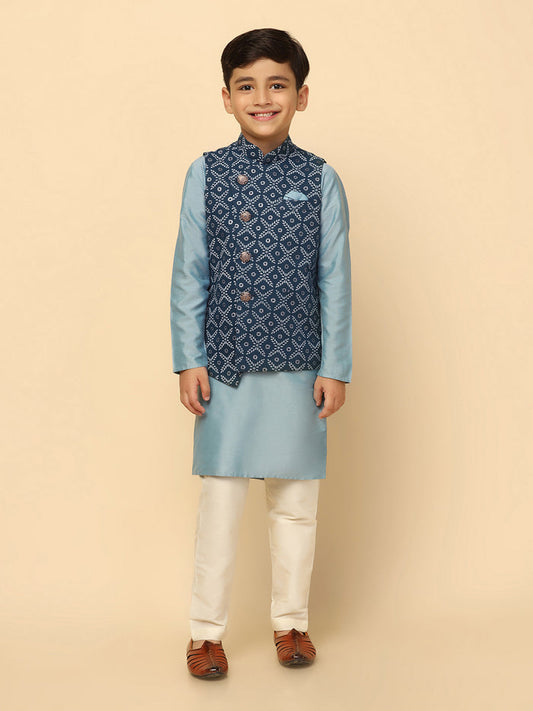 Boys Blue Kurta Jacket Pyjama Sets