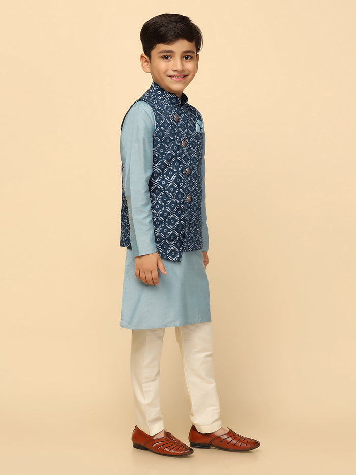 Boys Blue Kurta Jacket Pyjama Sets