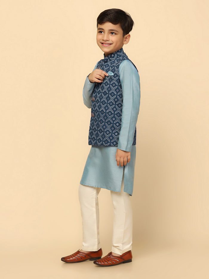 Boys Blue Kurta Jacket Pyjama Sets