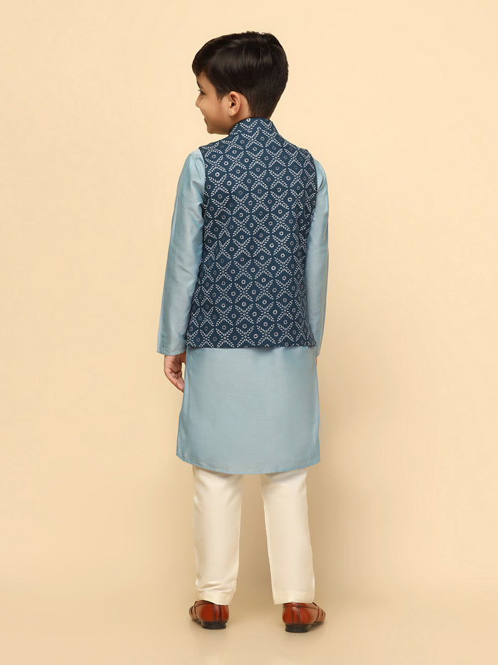 Boys Blue Kurta Jacket Pyjama Sets