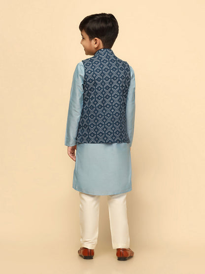 Boys Blue Kurta Jacket Pyjama Sets