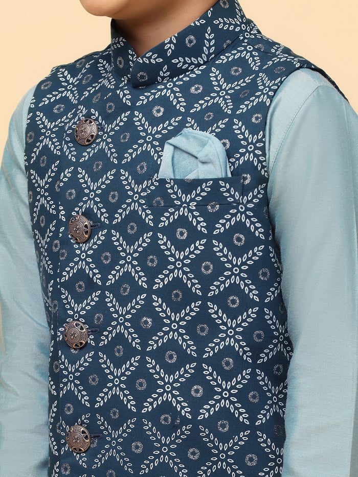 Boys Blue Kurta Jacket Pyjama Sets