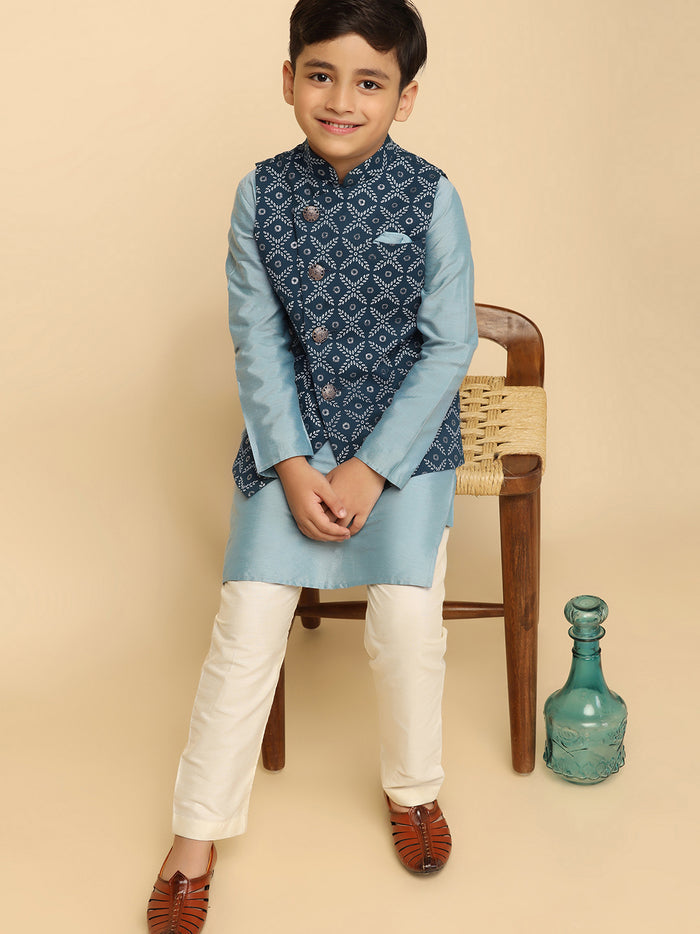 Boys Blue Kurta Jacket Pyjama Sets