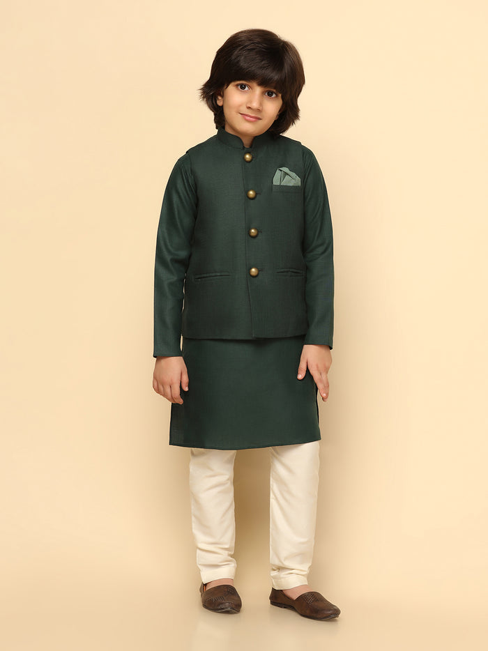 Boy's Green Solid Kurta Jacket Churidar Set