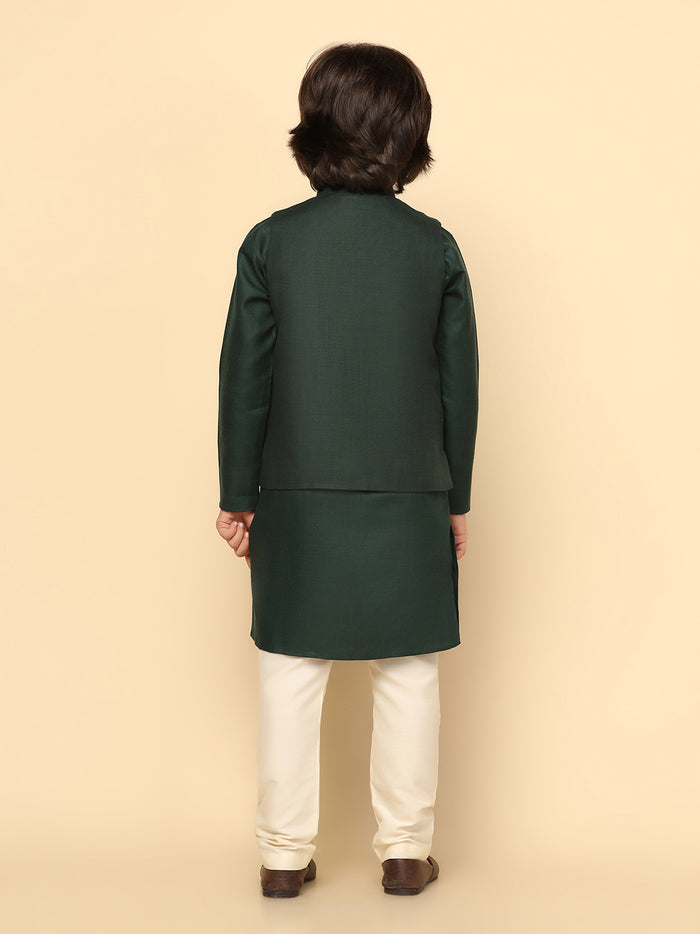 Boy's Green Solid Kurta Jacket Churidar Set