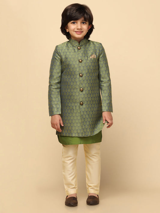 Boy's Green Textured Kurta Indowestern Churidar Set