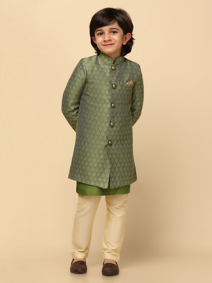 Boy's Green Textured Kurta Indowestern Churidar Set