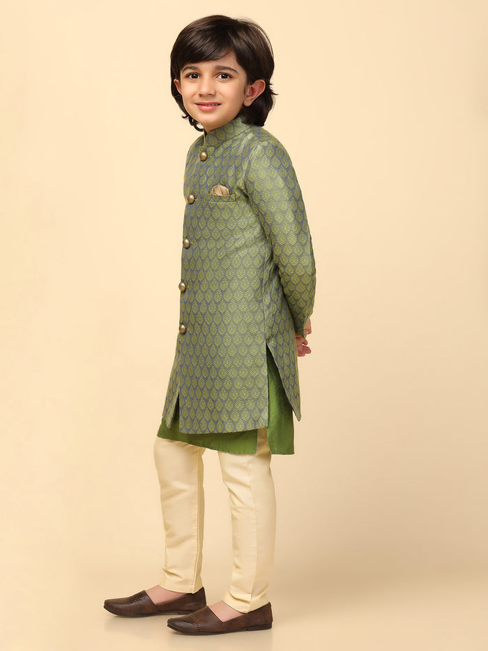 Boy's Green Textured Kurta Indowestern Churidar Set