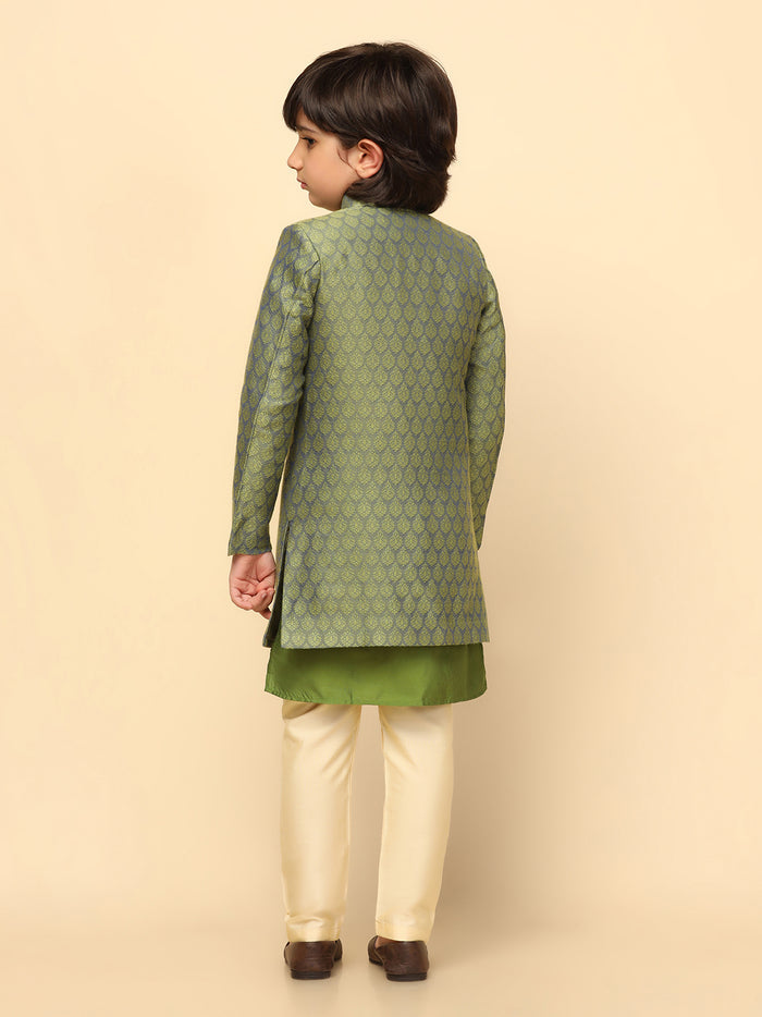 Boy's Green Textured Kurta Indowestern Churidar Set