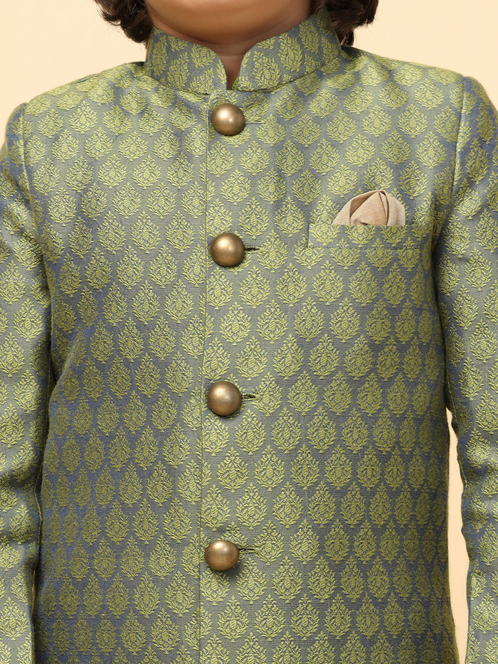 Boy's Green Textured Kurta Indowestern Churidar Set