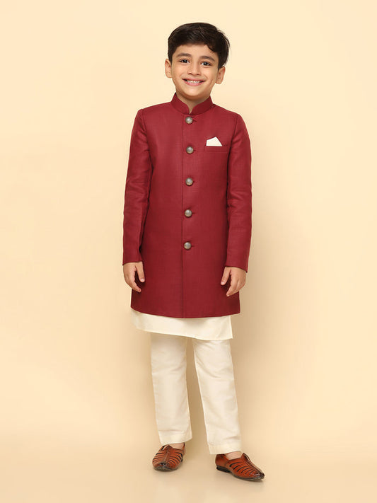 Boy's Maroon Indowestern Set With Kurta and Churidar