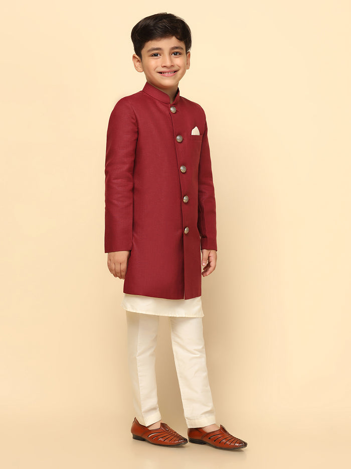Boy's Maroon Indowestern Set With Kurta and Churidar